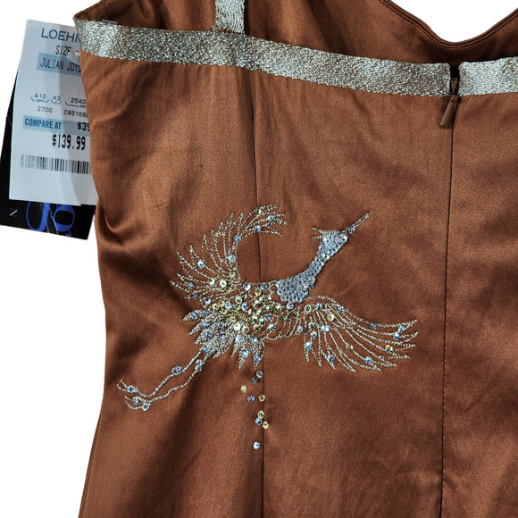 Julian Joyce sz 2 Cocktail Dress Women Slip Caramel Brown Sequin Cranes Vtg NEW - Picture 13 of 14